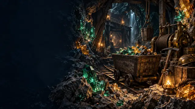 Kristalle und Bergbaugerät in einer Mine